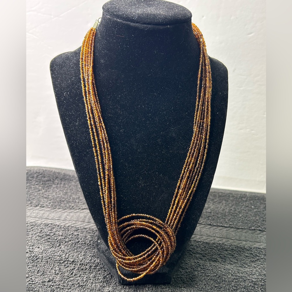 Multi-Strand Brown Beaded Necklace with silver tone extended